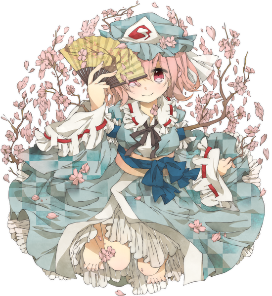 Anime picture 1155x1260 with touhou saigyouji yuyuko henki (orange) single tall image looking at viewer blush short hair simple background smile white background pink hair pink eyes barefoot cherry blossoms jumping girl plant (plants) petals tree (trees)