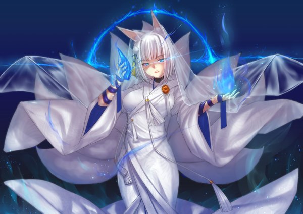 Anime picture 1457x1032 with azur lane kaga (azur lane) kaga (white fox's new year greetings) (azur lane) eba uenihane single looking at viewer fringe short hair breasts blue eyes simple background standing animal ears white hair tail blunt bangs traditional clothes parted lips japanese clothes animal tail