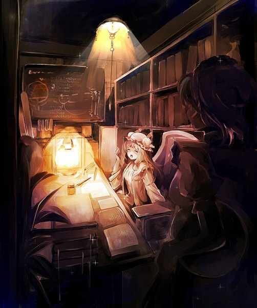 Anime picture 954x1141 with touhou izayoi sakuya patchouli knowledge haruhina purple long hair tall image short hair open mouth multiple girls indoors eyes closed maid dark background yawn girl 2 girls headdress maid headdress book (books) bonnet