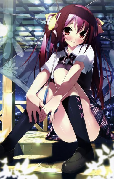 Anime picture 3025x4705 with original kantoku single long hair tall image looking at viewer blush highres light erotic smile red eyes sitting absurdres red hair light smile two side up pantyshot sitting transparent umbrella girl skirt