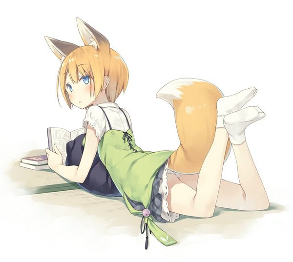 Anime picture 850x762 with original shiratama kitsune kuroino (poco) poco (asahi age) single looking at viewer blush fringe short hair light erotic blonde hair simple background white background animal ears bent knee (knees) tail animal tail pleated skirt looking back short sleeves