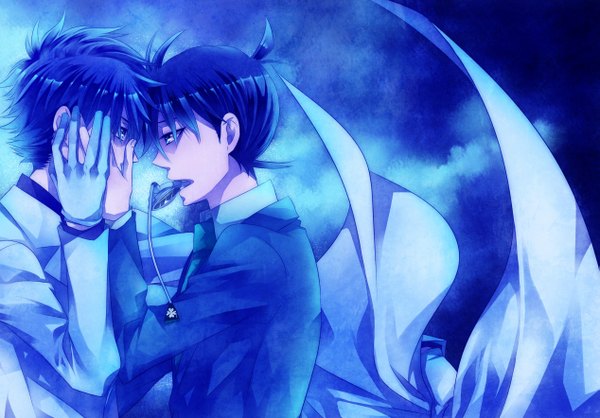 Anime picture 1267x884 with detective conan magic kaito kaito kid kudou shinichi tagme (artist) short hair blue eyes blue hair mouth hold blue background face to face shounen ai boy gloves cloak suit