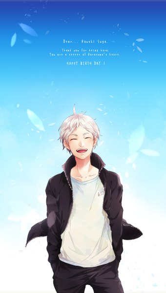Anime picture 710x1250 with haikyuu!! production i.g sugawara koushi tagme (artist) single tall image short hair open mouth smile standing sky silver hair eyes closed inscription open clothes open jacket happy hands in pockets boy uniform