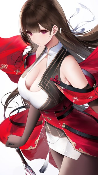 Anime picture 1687x3000 with original an yasuri single long hair tall image fringe breasts light erotic simple background red eyes brown hair large breasts standing white background looking away cleavage blunt bangs off shoulder wide sleeves cleavage cutout