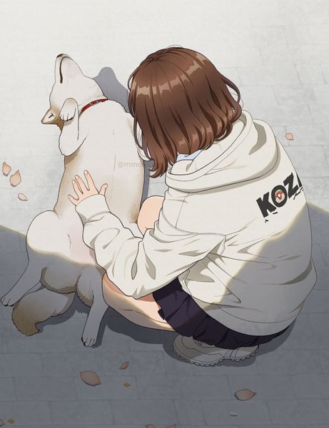 Anime picture 692x900 with original mattaku mousuke single tall image short hair brown hair signed full body outdoors from above twitter username sleeves past wrists squat girl skirt miniskirt animal hood collar hoodie