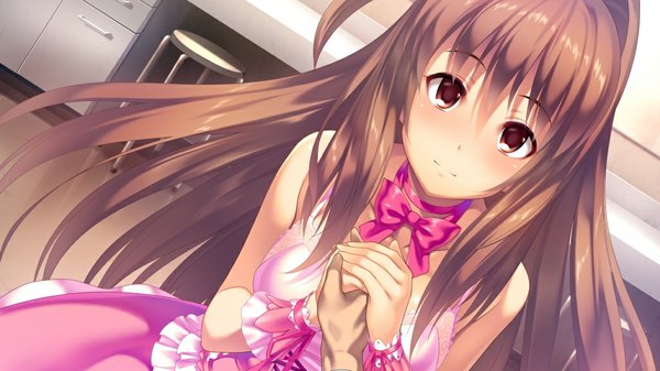 Anime picture 1024x576 with d-eve in you akatsuki shion long hair brown hair wide image brown eyes game cg girl dress