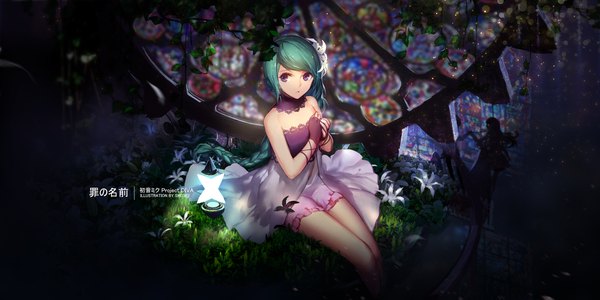Anime picture 2126x1063 with project diva vocaloid hatsune miku swd3e2 single looking at viewer highres wide image sitting purple eyes braid (braids) very long hair hair flower aqua hair dark background girl dress flower (flowers) plant (plants) gears