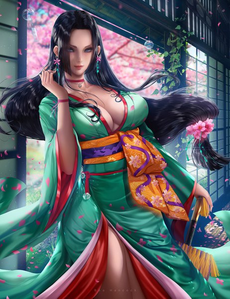 Anime picture 1600x2079 with one piece toei animation boa hancock javier estrada single long hair tall image looking at viewer blush breasts blue eyes light erotic black hair large breasts standing signed payot cleavage indoors traditional clothes