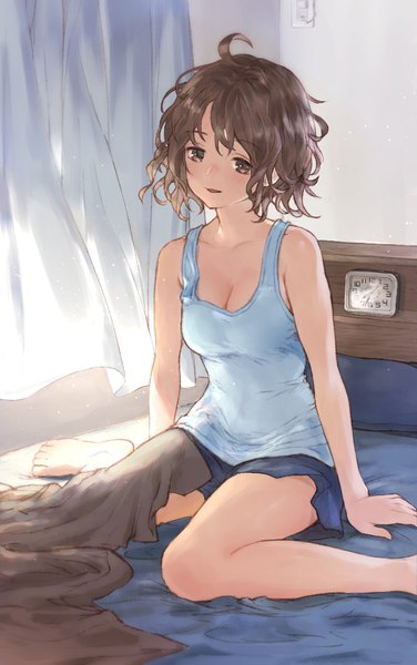Anime picture 627x1000 with original nemoto yuuma single tall image short hair brown hair sitting brown eyes looking away cleavage ahoge indoors bare legs wariza messy hair girl bed curtains clock