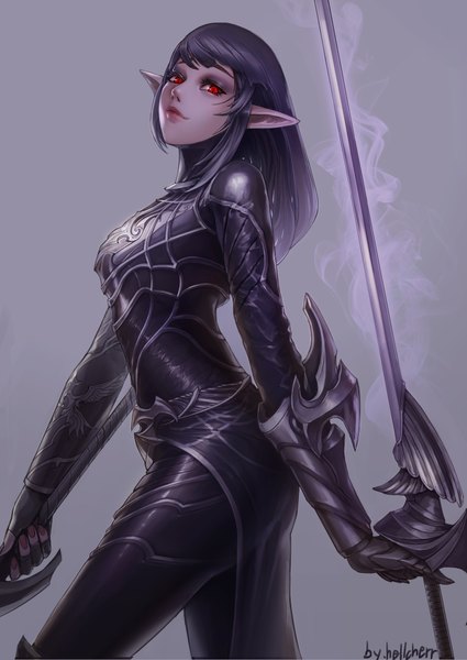 Anime picture 2818x3979 with hellcherr single long hair tall image looking at viewer fringe highres smile red eyes purple hair nail polish fingernails lips pointy ears glowing eyeshadow glowing weapon dark elf girl weapon