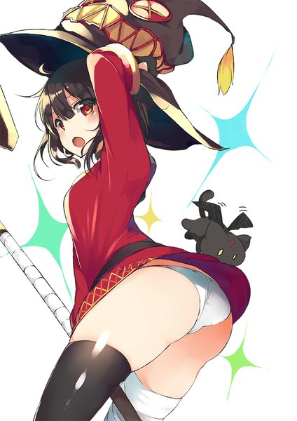 Anime picture 707x1000 with kono subarashii sekai ni shukufuku wo! studio deen megumin chomusuke miya ur single tall image looking at viewer blush fringe short hair open mouth light erotic black hair hair between eyes red eyes white background holding ass blunt bangs