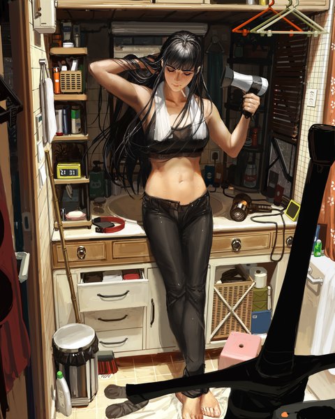 Anime picture 3518x4398 with original guweiz single long hair tall image fringe highres light erotic black hair standing holding absurdres full body indoors blunt bangs eyes closed barefoot realistic arms up midriff
