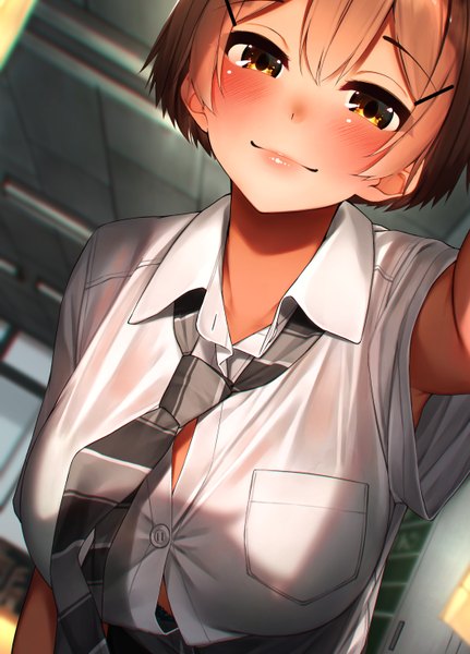 Anime picture 1058x1472 with original waterdog single tall image looking at viewer blush fringe short hair breasts light erotic smile hair between eyes brown hair large breasts brown eyes upper body lips depth of field open collar self shot