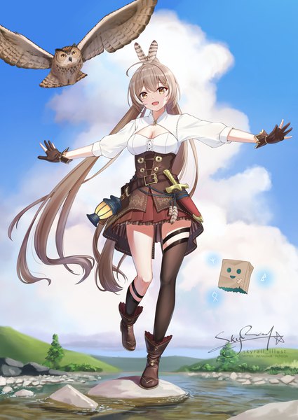 Anime picture 1063x1500 with virtual youtuber hololive hololive english nanashi mumei nanashi mumei (1st costume) friend (nanashi mumei) skyrail (skynetrailgun) single tall image open mouth brown hair brown eyes signed sky cleavage cloud (clouds) full body ahoge outdoors ponytail