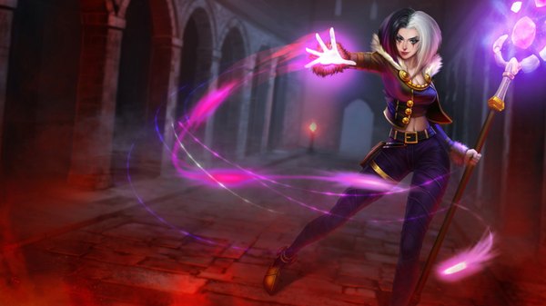 Anime picture 1920x1080 with league of legends emilia leblanc single highres black hair blonde hair wide image multicolored hair magic girl navel belt fur pants coat staff crystal
