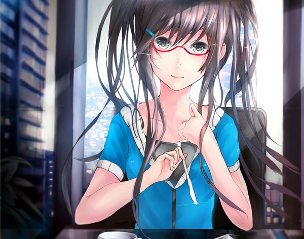 Anime picture 825x649 with original hadean92 single long hair looking at viewer fringe brown hair sitting holding green eyes short sleeves hand on chest girl hair ornament plant (plants) glasses window hairclip hood chair