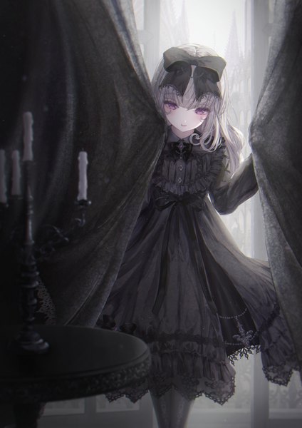 Anime picture 1302x1842 with original missle228 single long hair tall image looking at viewer blush fringe open mouth hair between eyes purple eyes indoors grey hair frilled dress lolita fashion goth-loli girl dress bow hair bow