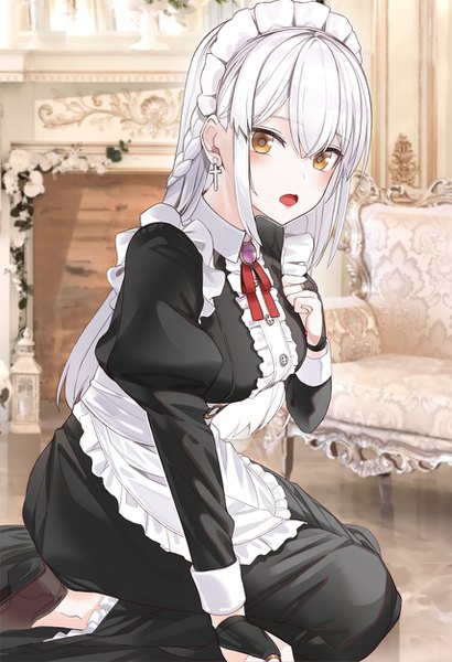 Anime picture 856x1250 with original kfr single long hair tall image looking at viewer blush fringe open mouth hair between eyes sitting yellow eyes payot silver hair indoors long sleeves arm support maid puffy sleeves girl