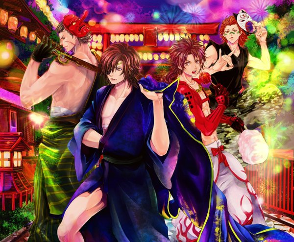 Anime picture 1214x1000 with sengoku basara production i.g date masamune sanada yukimura sarutobi sasuke katakura kojuurou aratako long hair open mouth smile brown hair bare shoulders brown eyes yellow eyes ponytail red hair japanese clothes profile off shoulder open clothes