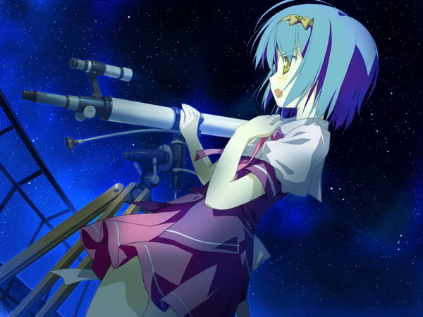 Anime picture 1600x1200 with hoshizora no memoria aoi isuzu shida kazuhiro single blush short hair open mouth green eyes blue hair game cg profile night night sky girl uniform bow school uniform star (stars) fence telescope