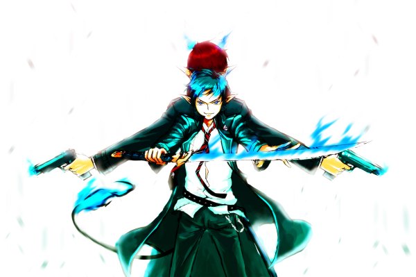 Anime picture 1200x798 with ao no exorcist a-1 pictures okumura rin short hair blue eyes white background blue hair red hair tail pointy ears back to back boy shirt sword necktie katana cloak fire pistol