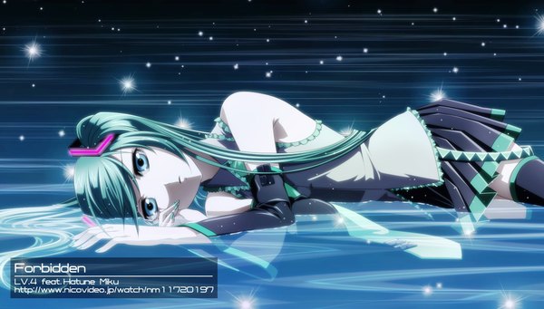 Anime picture 2025x1152 with vocaloid hatsune miku fugashi single long hair looking at viewer fringe highres blue eyes wide image twintails bare shoulders lying aqua hair inscription girl thighhighs skirt black thighhighs detached sleeves