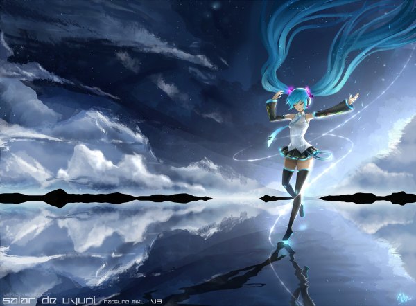 Anime picture 1200x884 with vocaloid hatsune miku jurrig single open mouth twintails sky cloud (clouds) eyes closed very long hair aqua hair reflection girl thighhighs skirt hair ornament detached sleeves miniskirt headphones