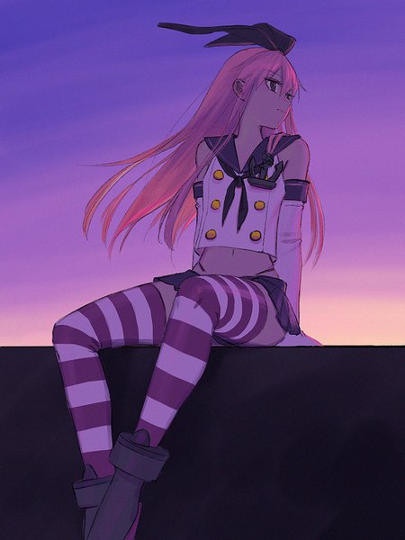 Anime picture 1200x1600 with kantai collection shimakaze destroyer yue (tada no saboten) single long hair tall image blonde hair sitting looking away wind black eyes arm support midriff evening sunset girl thighhighs skirt gloves uniform