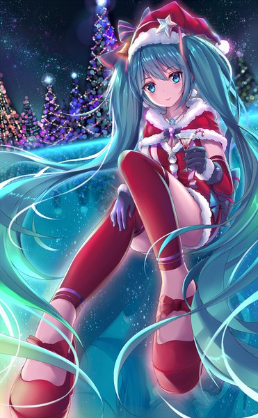 Anime picture 1200x1941 with vocaloid hatsune miku pdxen single tall image looking at viewer light erotic twintails bent knee (knees) very long hair aqua eyes aqua hair night legs fur trim christmas girl dress gloves hat