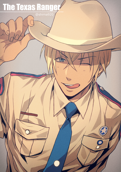 Anime picture 650x920 with detective conan amuro tooru mashima shima single tall image looking at viewer blush fringe short hair open mouth blue eyes simple background blonde hair smile hair between eyes signed upper body one eye closed wink inscription
