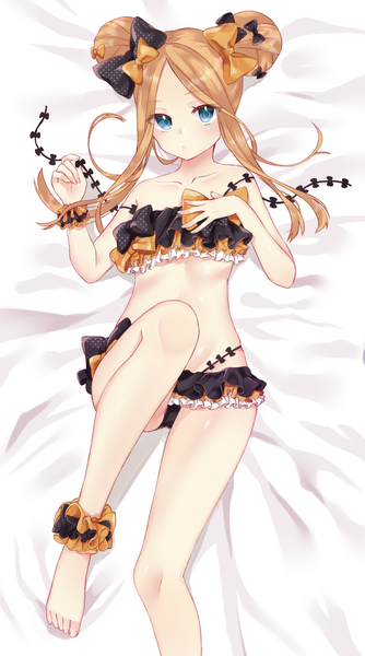 Anime picture 1114x2000 with fate (series) fate/grand order abigail williams (fate) nekomiya noru (yuduki710) single long hair tall image looking at viewer blue eyes light erotic blonde hair payot lying on back hair bun (hair buns) heroic spirit traveling outfit ankle scrunchie girl bow swimsuit
