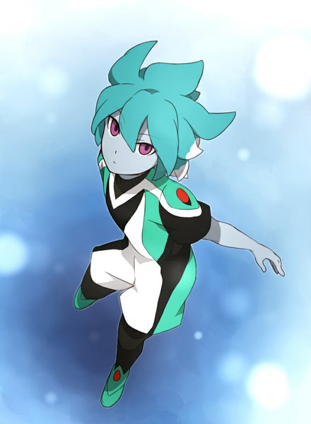 Anime picture 767x1045 with inazuma eleven inazuma eleven go inazuma eleven go galaxy guraami sekina single tall image looking at viewer short hair purple eyes from above aqua hair spread arms blue background boy uniform gym uniform