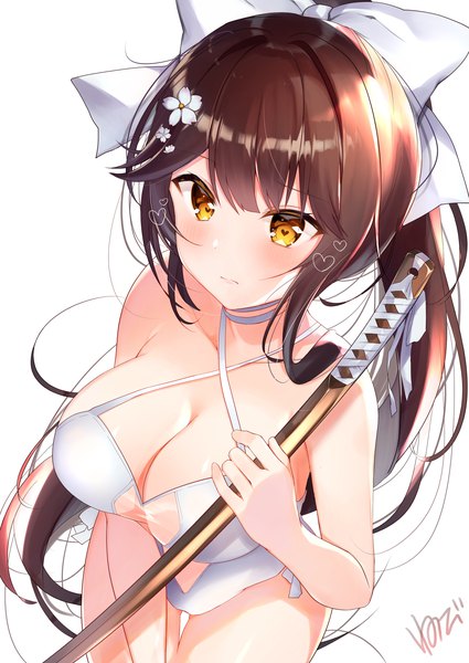 Anime picture 2508x3541 with azur lane takao (azur lane) takao (beach rhapsody) (azur lane) nenobi (nenorium) single long hair tall image highres breasts light erotic simple background brown hair large breasts white background yellow eyes looking away ponytail official alternate costume symbol-shaped pupils heart-shaped pupils