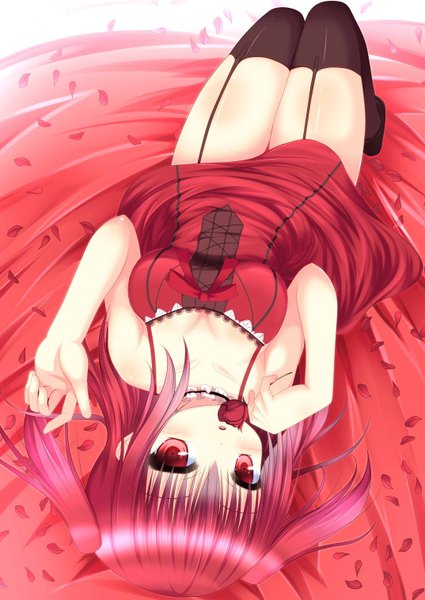 Anime picture 1074x1517 with original nyarumi single tall image looking at viewer blush short hair light erotic red eyes red hair two side up zettai ryouiki girl thighhighs dress flower (flowers) black thighhighs petals