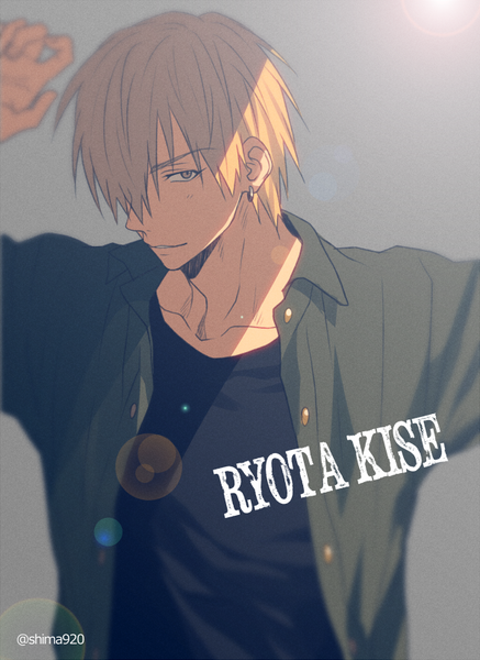 Anime picture 600x823 with kuroko no basket production i.g kise ryouta mashima shima single tall image looking at viewer fringe short hair blonde hair smile yellow eyes head tilt arm up hair over one eye open shirt character names piercing ear piercing eyebrows