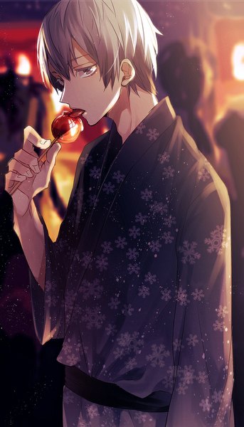 Anime picture 571x996 with yowamushi pedal kuroda yukinari ailm single tall image looking at viewer short hair silver hair traditional clothes japanese clothes blurry depth of field silver eyes licking snowflake print festival boy food tongue fruit