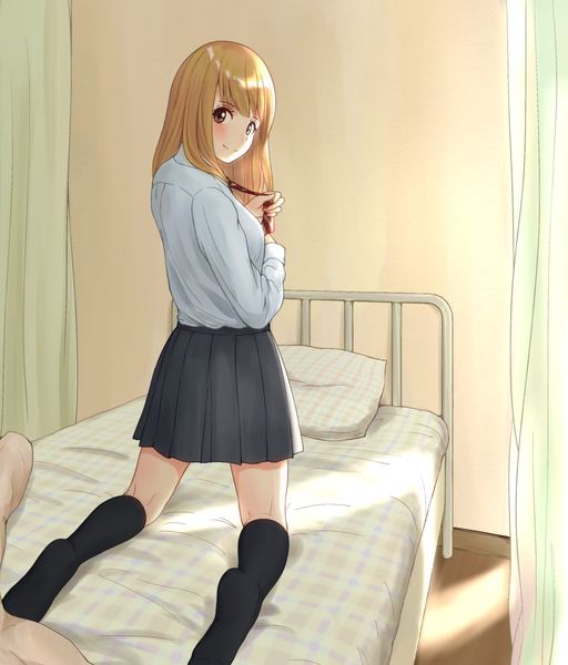 Anime picture 1336x1564 with original minagiku single long hair tall image blush fringe blonde hair smile standing brown eyes indoors pleated skirt looking back from behind sunlight kneeling girl skirt shirt