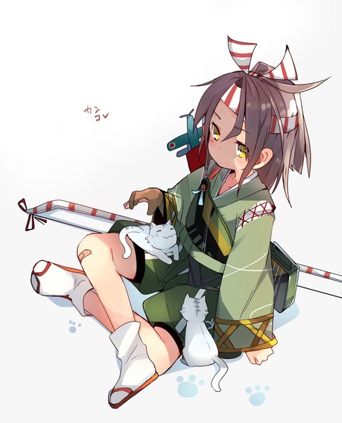 Anime picture 752x931 with kantai collection zuihou light aircraft carrier taneda yuuta single long hair tall image simple background brown hair white background sitting yellow eyes ponytail traditional clothes japanese clothes from above crossed legs indian style bandaid on leg footprints bandaid on knee