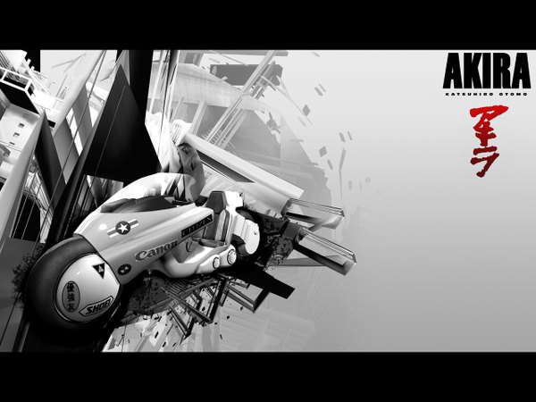 Anime picture 1280x960 with akira grey background hieroglyph monochrome abstract motorcycle