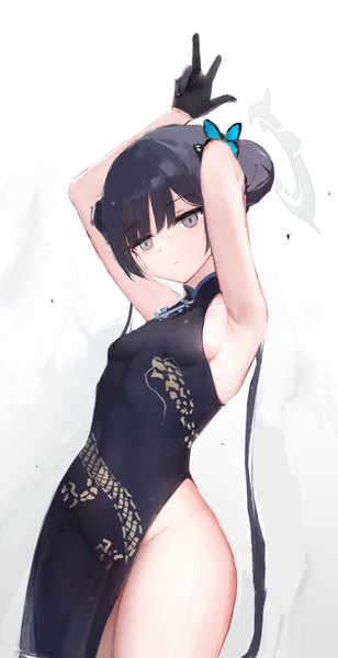 Anime picture 2530x4932 with blue archive kisaki (blue archive) hxhln single long hair tall image fringe highres breasts light erotic simple background twintails looking away blunt bangs traditional clothes arms up armpit (armpits) grey eyes sleeveless thighs