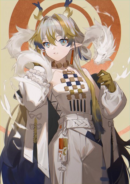 Anime picture 1860x2631 with arknights shu (arknights) woodylixx single long hair tall image looking at viewer fringe highres blue eyes hair between eyes standing multicolored hair horn (horns) pointy ears grey hair streaked hair fantasy girl gloves