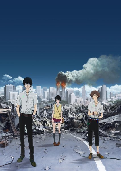 Anime picture 1956x2756 with zankyou no terror mappa twelve nine mishima risa tagme (artist) tall image looking at viewer fringe highres short hair black hair smile brown hair standing looking away sky black eyes official art multiple boys