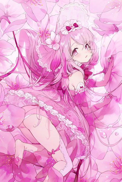 Anime picture 962x1425 with original tonito single tall image looking at viewer blush fringe light erotic bare shoulders pink hair ass very long hair pink eyes cherry blossoms girl gloves hat elbow gloves transparent clothing leotard