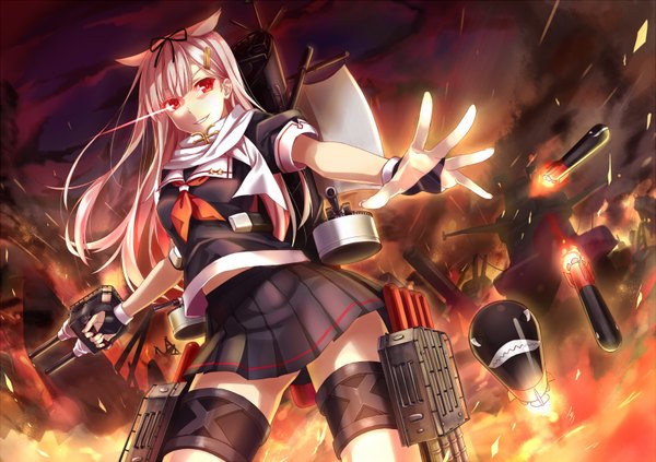 Anime-Bild 1600x1130 mit kantai collection yuudachi destroyer hika (cross-angel) single long hair looking at viewer red eyes animal ears white hair kemonomimi mode remodel (kantai collection) girl skirt gloves weapon fire