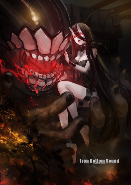 Anime picture 1000x1414 with kantai collection battleship-symbiotic hime charimei tall image open mouth black hair hair between eyes red eyes sitting bare shoulders cleavage very long hair barefoot horn (horns) inscription teeth legs oni horns shinkaisei-kan girl
