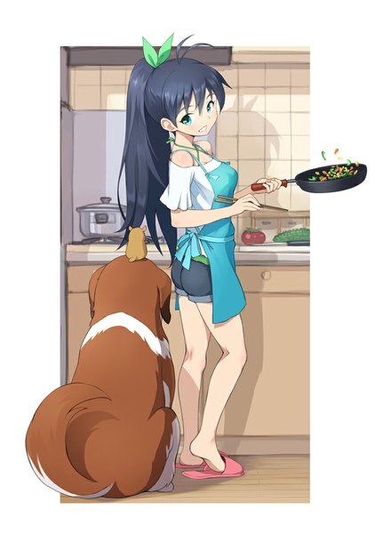 Anime picture 703x1000 with idolmaster ganaha hibiki hamuzou mofu single long hair tall image blush black hair ahoge ponytail aqua eyes casual girl bow hair bow animal food shoes shorts