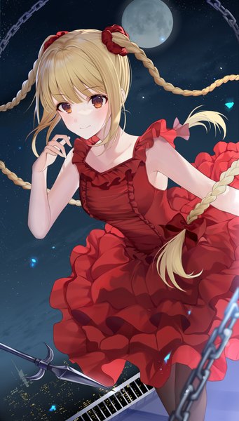 Anime picture 1927x3395 with darwin's game karino shuka ion (on01e) single long hair tall image highres blonde hair smile red eyes looking away braid (braids) sleeveless twin braids city frilled dress city lights girl dress bow