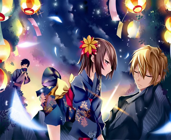 Anime picture 1500x1233 with durarara!! brains base (studio) orihara izaya heiwajima shizuo sky japanese clothes hair flower festival hair ornament star (stars) yukata