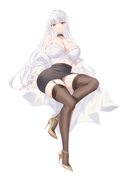 Anime picture 2000x2776 with original zzo (chorizzzzo) single long hair tall image looking at viewer fringe highres breasts light erotic simple background red eyes large breasts white background sitting bare shoulders full body bent knee (knees) white hair blunt bangs