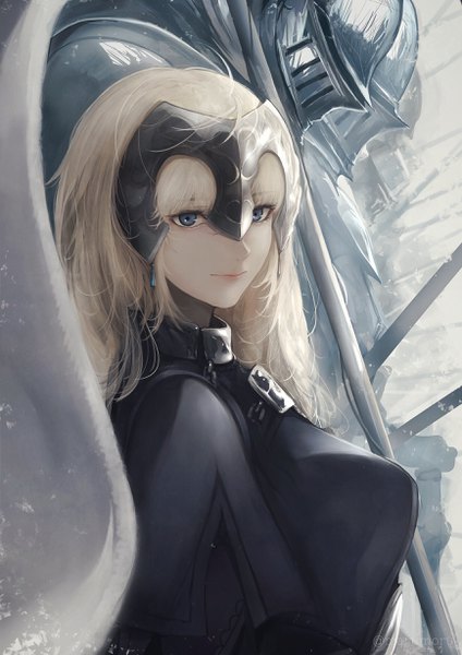 Anime picture 1736x2455 with fate (series) fate/grand order fate/apocrypha jeanne d'arc (fate) (all) jeanne d'arc (fate) marumoru long hair tall image looking at viewer fringe highres breasts blue eyes blonde hair smile hair between eyes large breasts upper body turning head solo focus